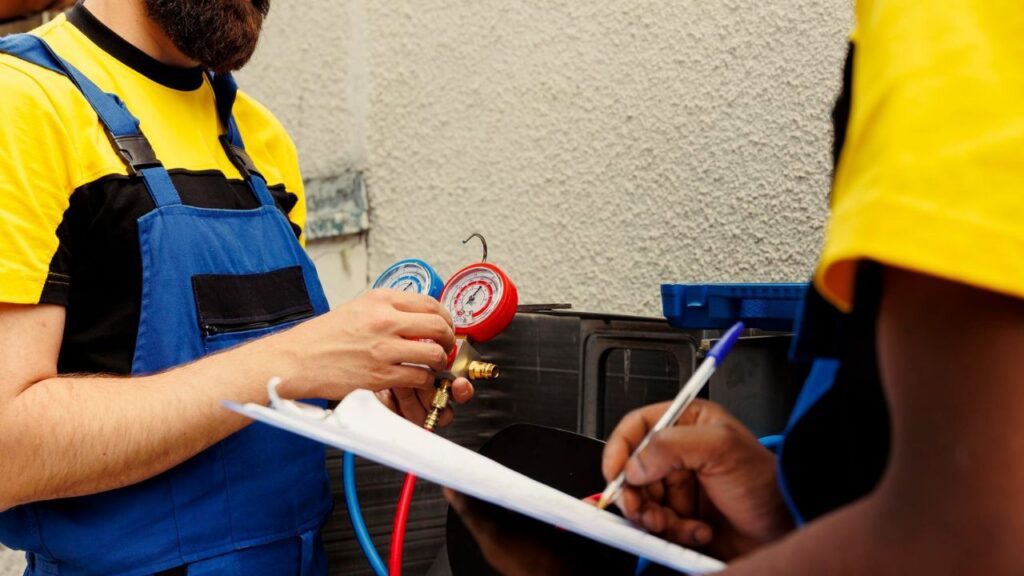 HVAC technicians servicing an air conditioning unit during a maintenance visit