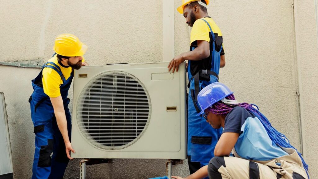 HVAC technicians working on an old outdoor air-conditioning unit.