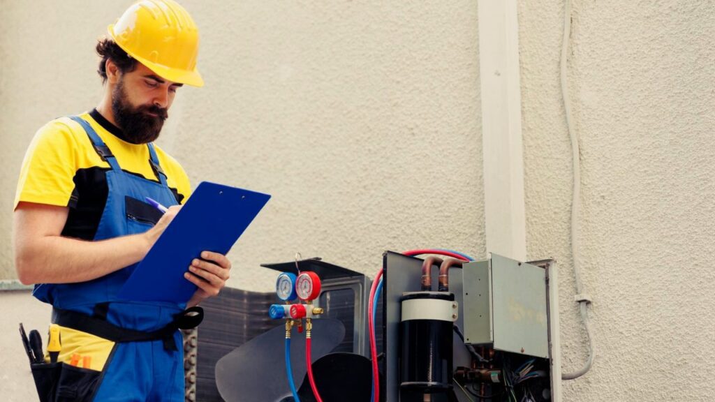 HVAC technician inspecting an outdoor air-conditioning condenser for refrigerant leaks.