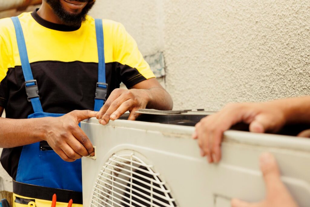 HVAC technicians servicing an outdoor AC unit to diagnose unusual sounds and electrical issues.Â