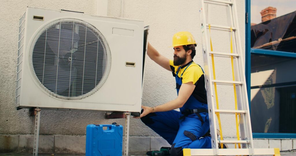 Professional HVAC technician inspecting and repairing a Daikin air conditioning unit.