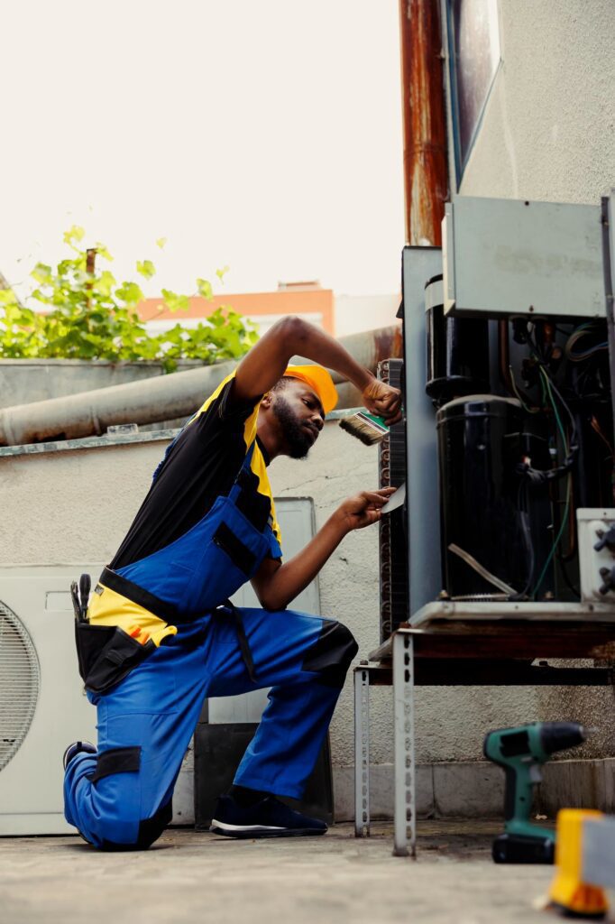 HVAC technician cleaning an outdoor AC condenser coil.