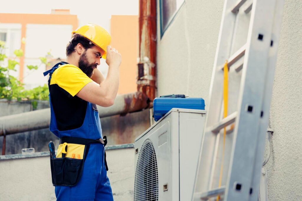 HVAC technician preparing to inspect and service an outdoor air conditioning unit.