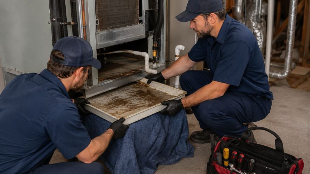 Two HVAC technicians inspecting and removing a dirty AC drain pan beneath an indoor air conditioning unit.