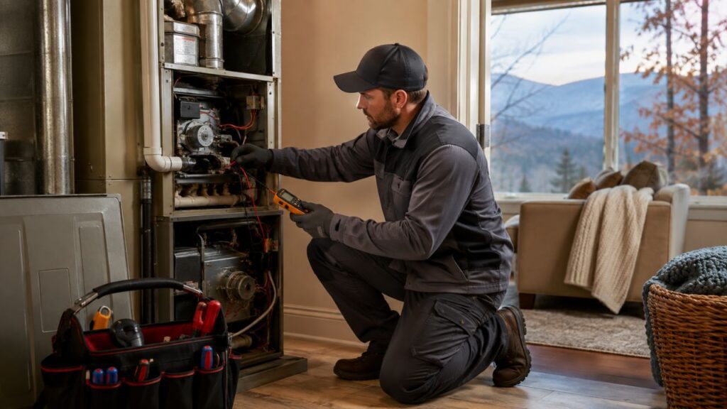 HVAC technician testing a residential furnace with a digital multimeter during a heating system inspection.