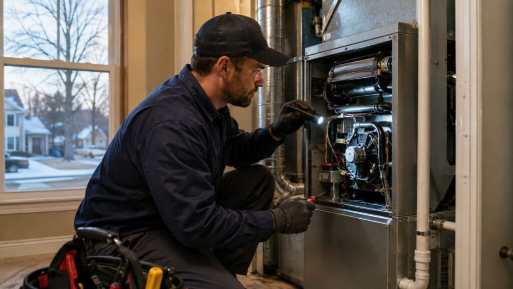 HVAC technician inspecting the internal components of a residential furnace during winter.