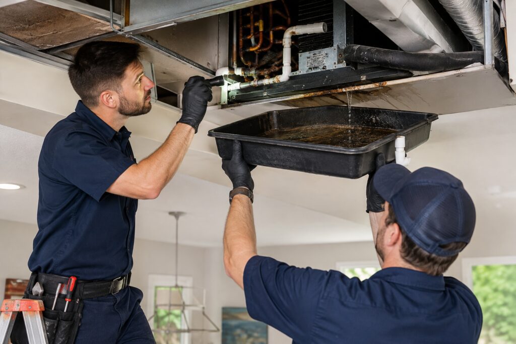 HVAC technician inspecting the inside of a residential furnace with a flashlight during a heating repair.