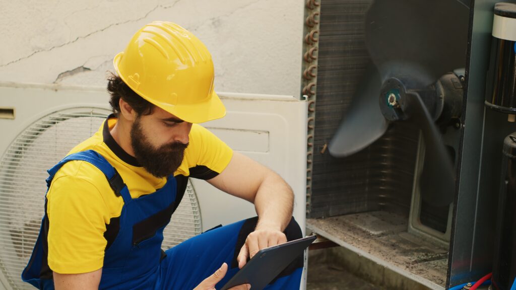 HVAC technician inspecting a furnace blower fan during maintenance.