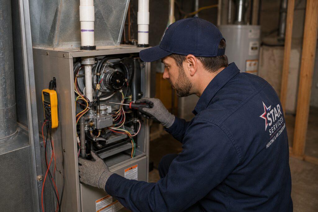 HVAC technician inspecting and repairing a residential gas furnace.