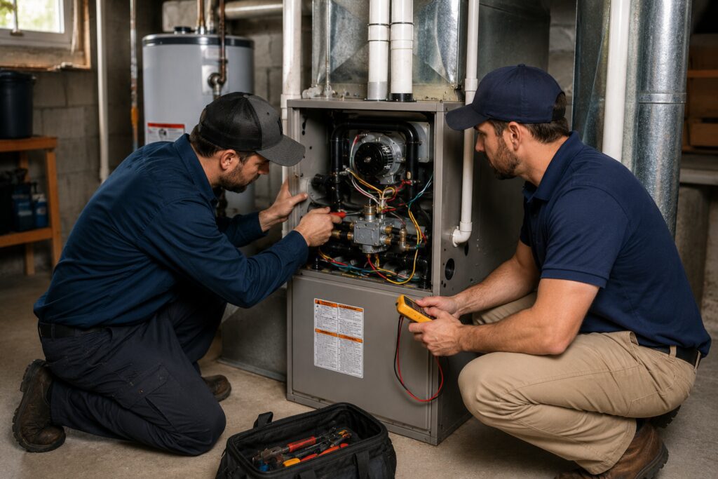 HVAC technicians inspecting and repairing a residential furnace.