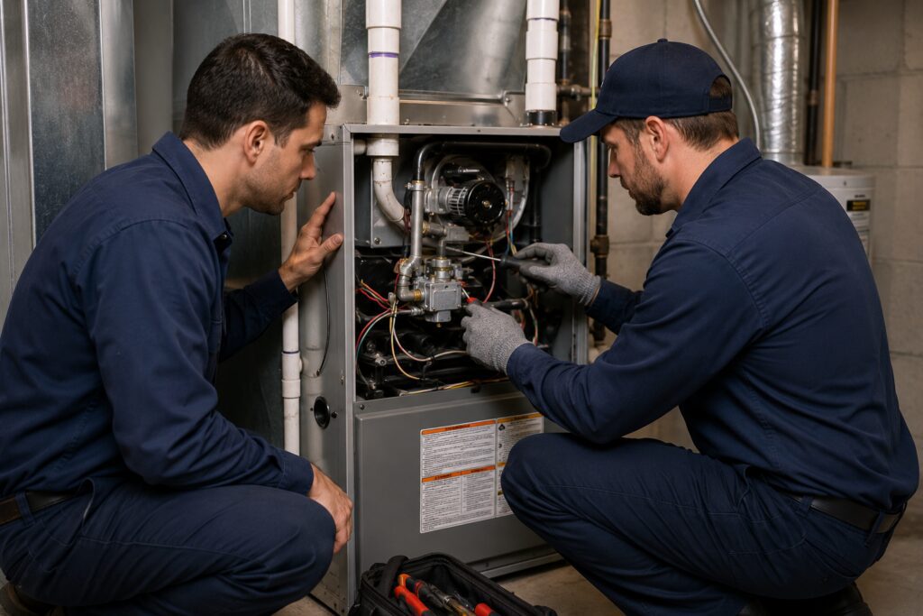 Two HVAC technicians inspecting and repairing a residential gas furnace.
