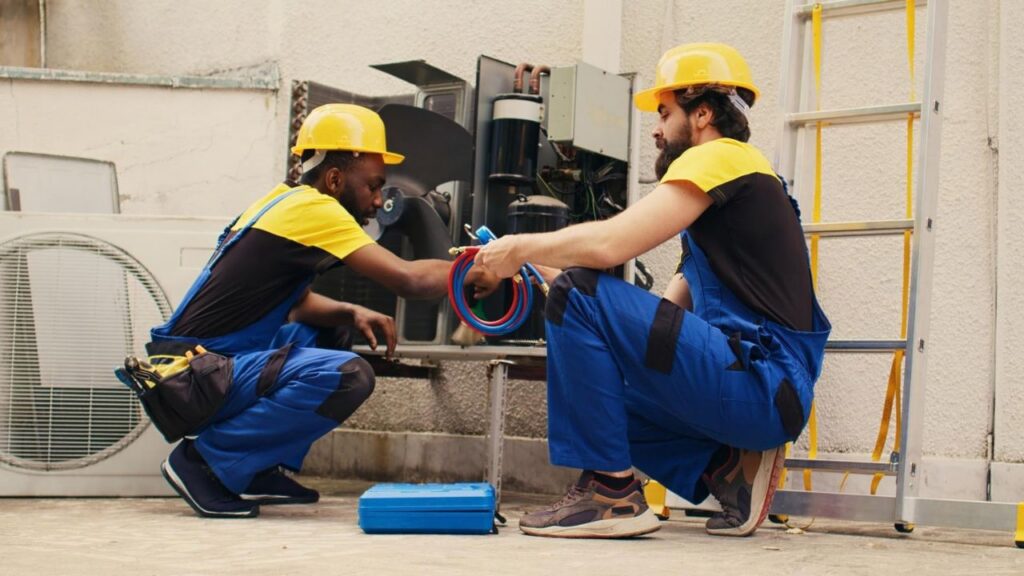 Two HVAC technicians servicing an outdoor heating and cooling unit with refrigerant hoses and tools.