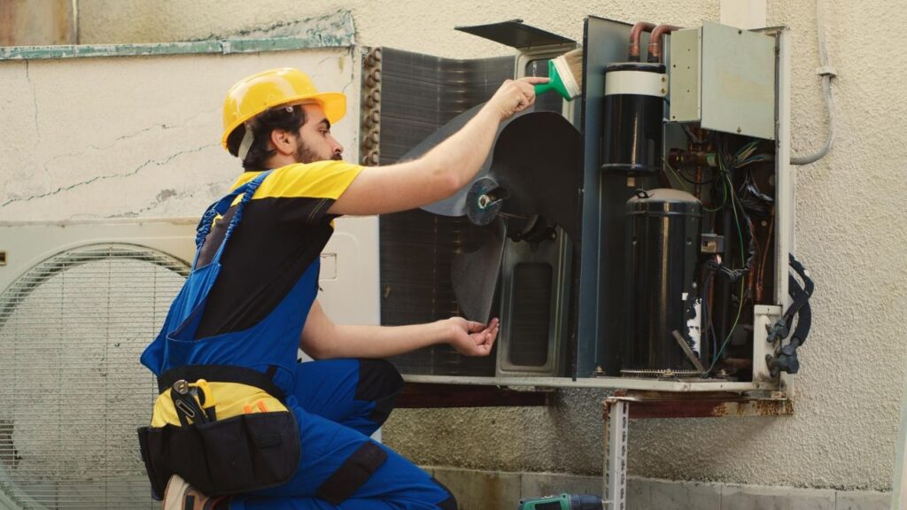 HVAC technician inspecting and cleaning the internal components of an outdoor heating and cooling unit.