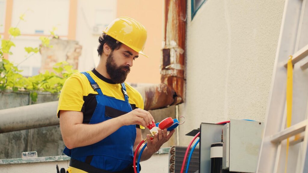 HVAC technician checking refrigerant pressure with manifold gauges on an outdoor heat pump unit.